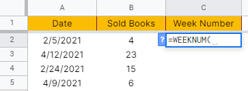 How to use WEEKNUM function in Google Sheets