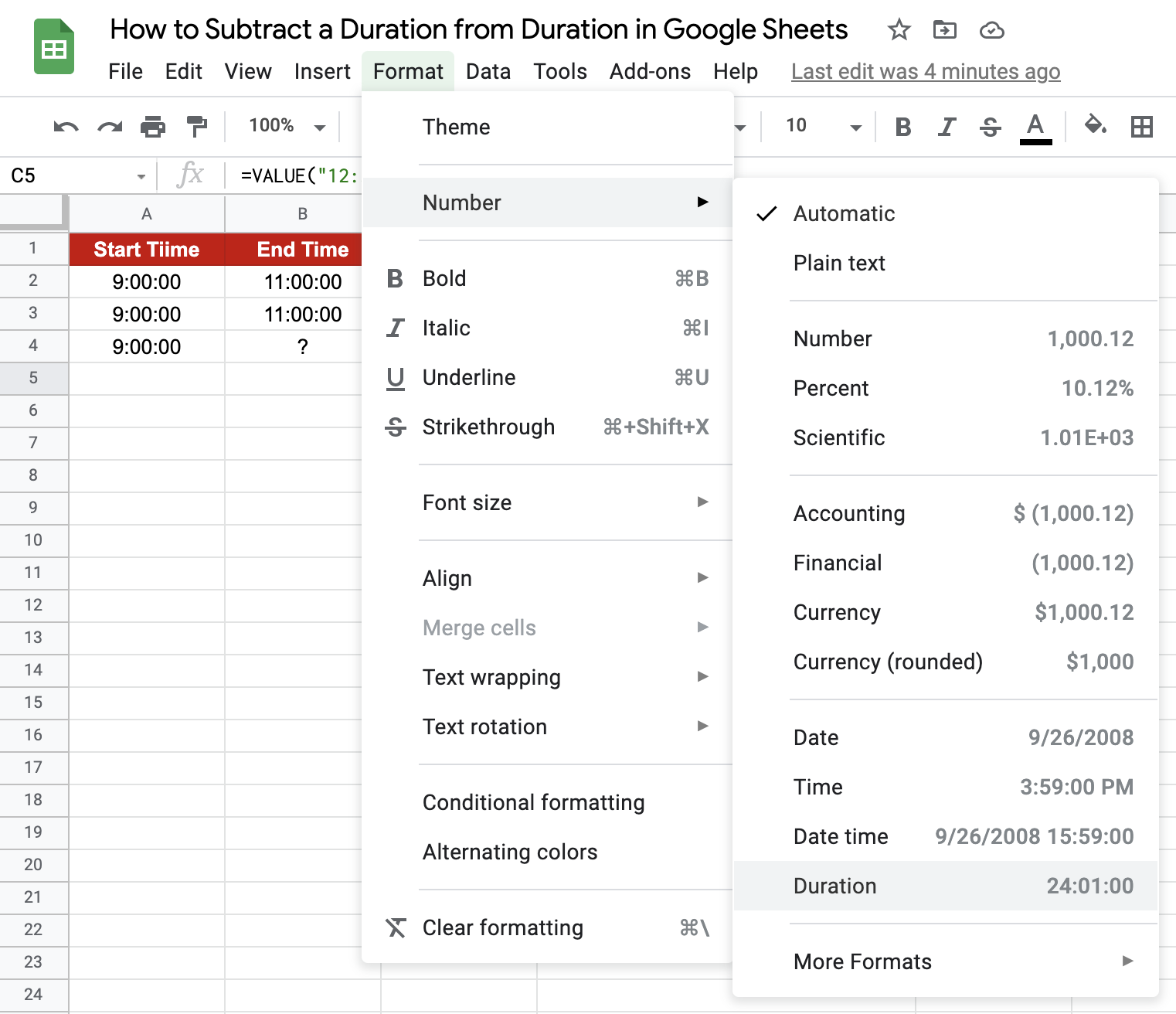 Subtract Durations in Google Sheets