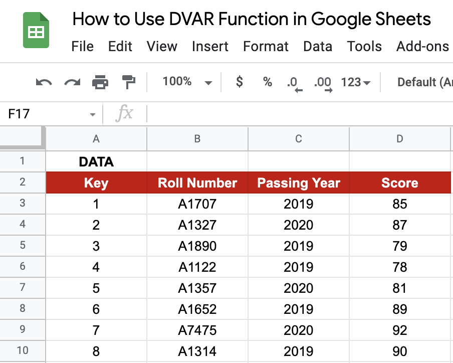 DVAR() in Google Sheets