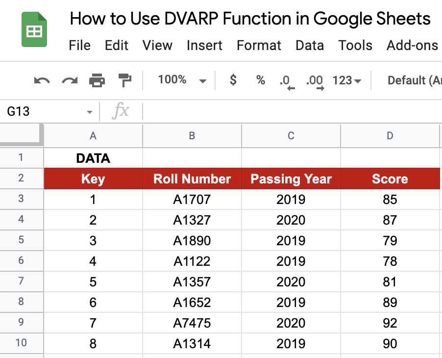 DVARP Function in Google Sheets