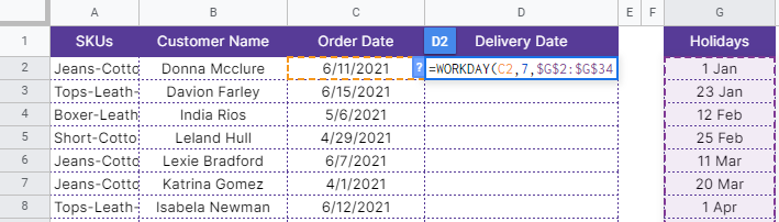 How to use WORKDAY function in Google Sheets