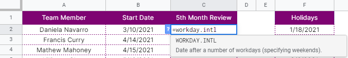 How to use WORKDAY.INTL function in Google Sheets