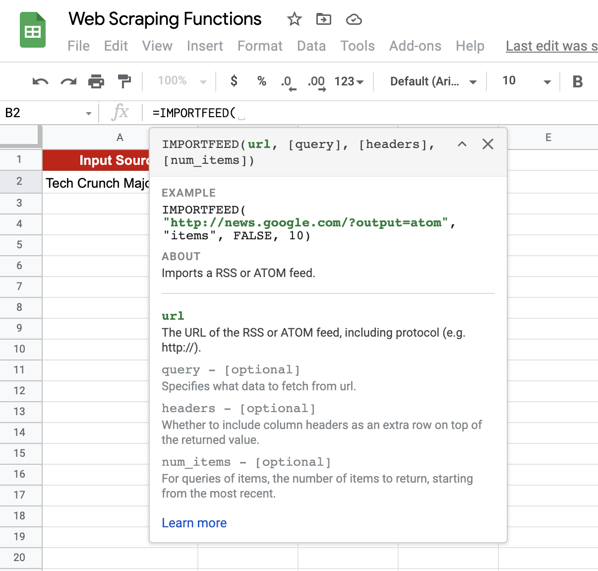 IMPORTFEED function in Google Sheets