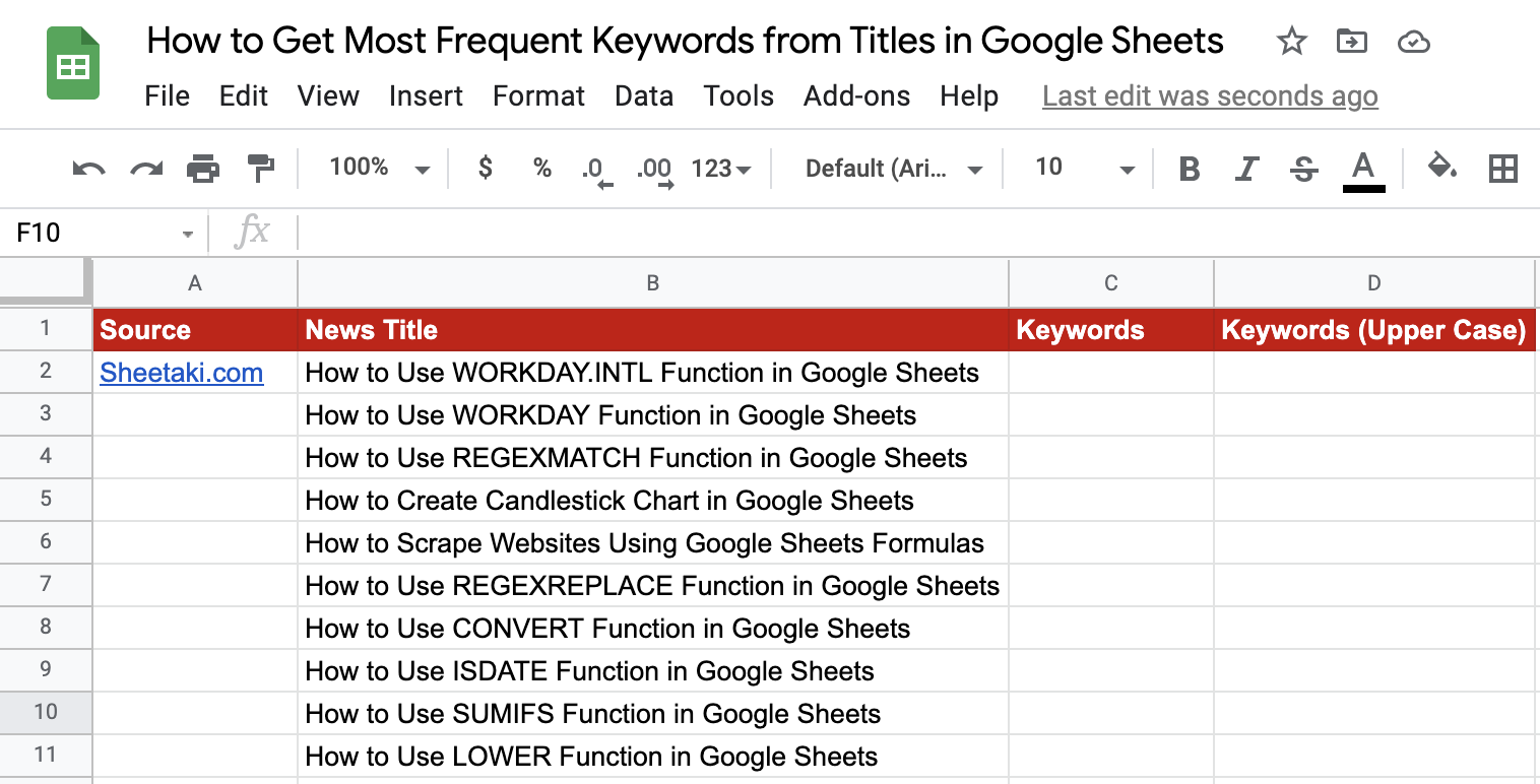 Frequent keywords in Google Sheets