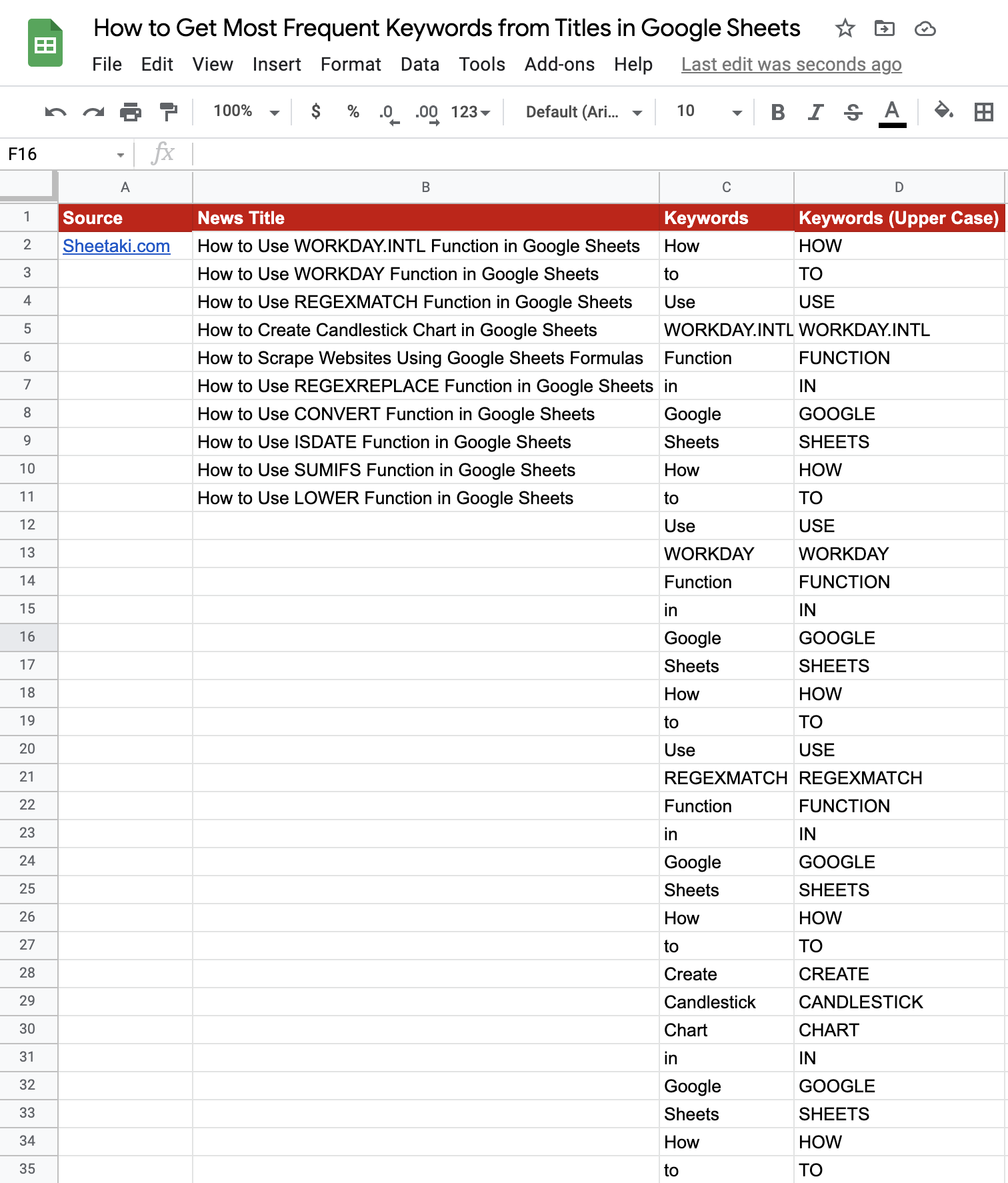 Frequent keywords in Google Sheets