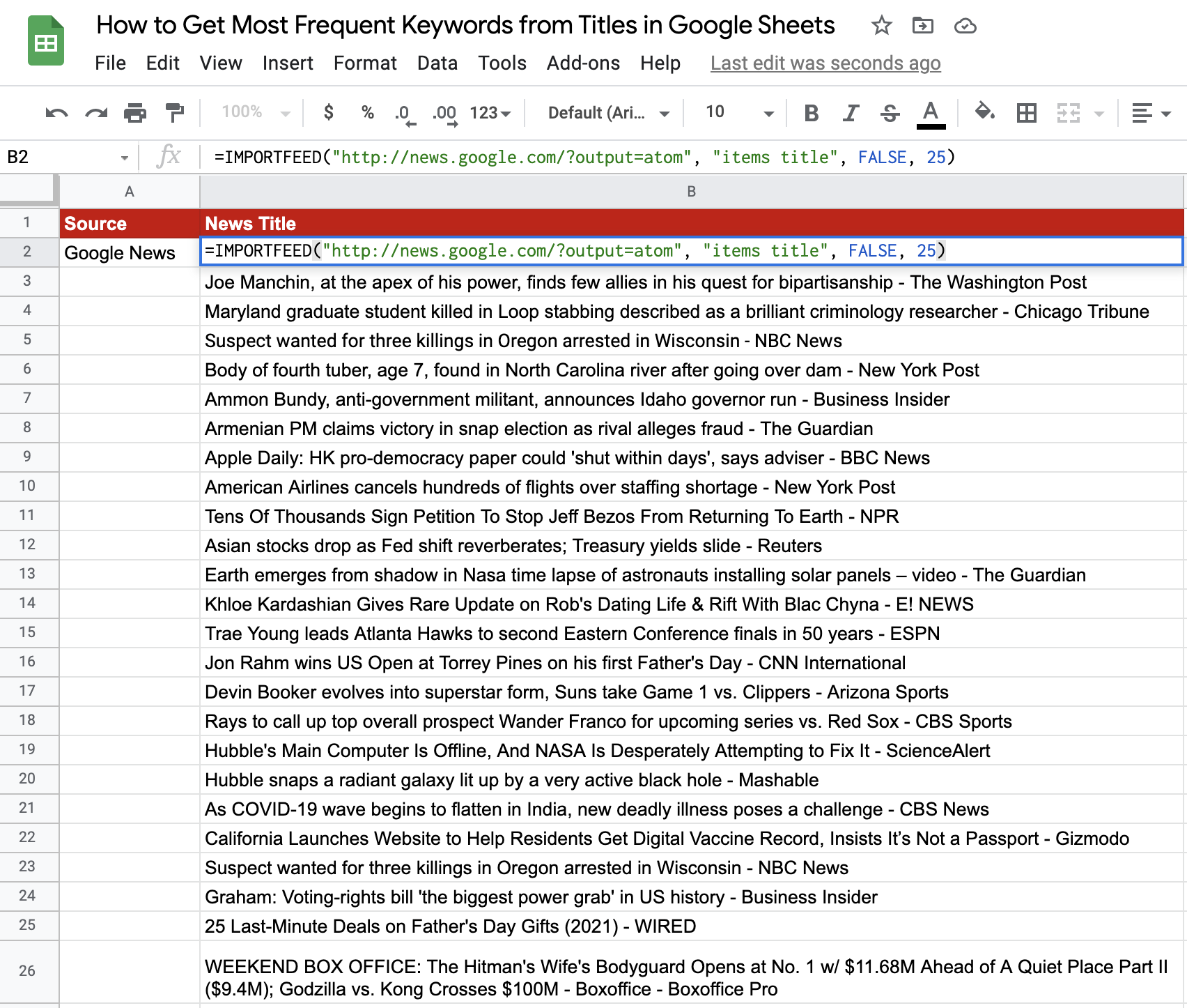 Frequent keywords in Google Sheets