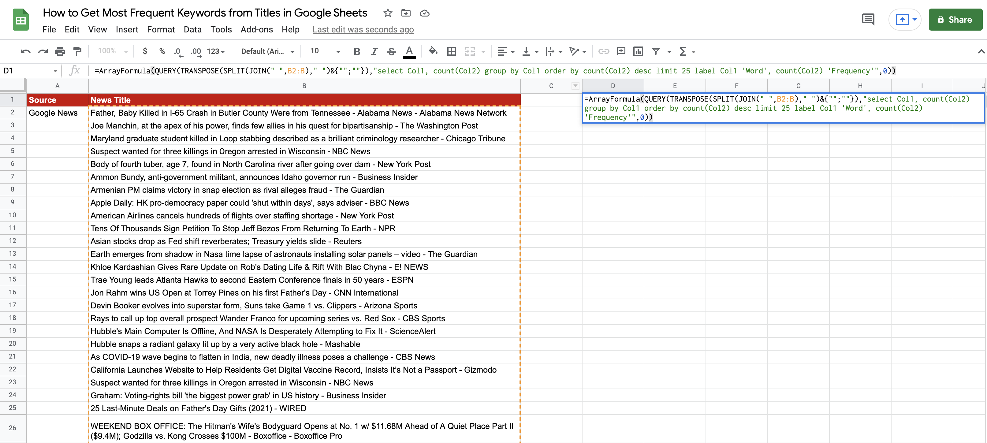 Frequent keywords in Google Sheets