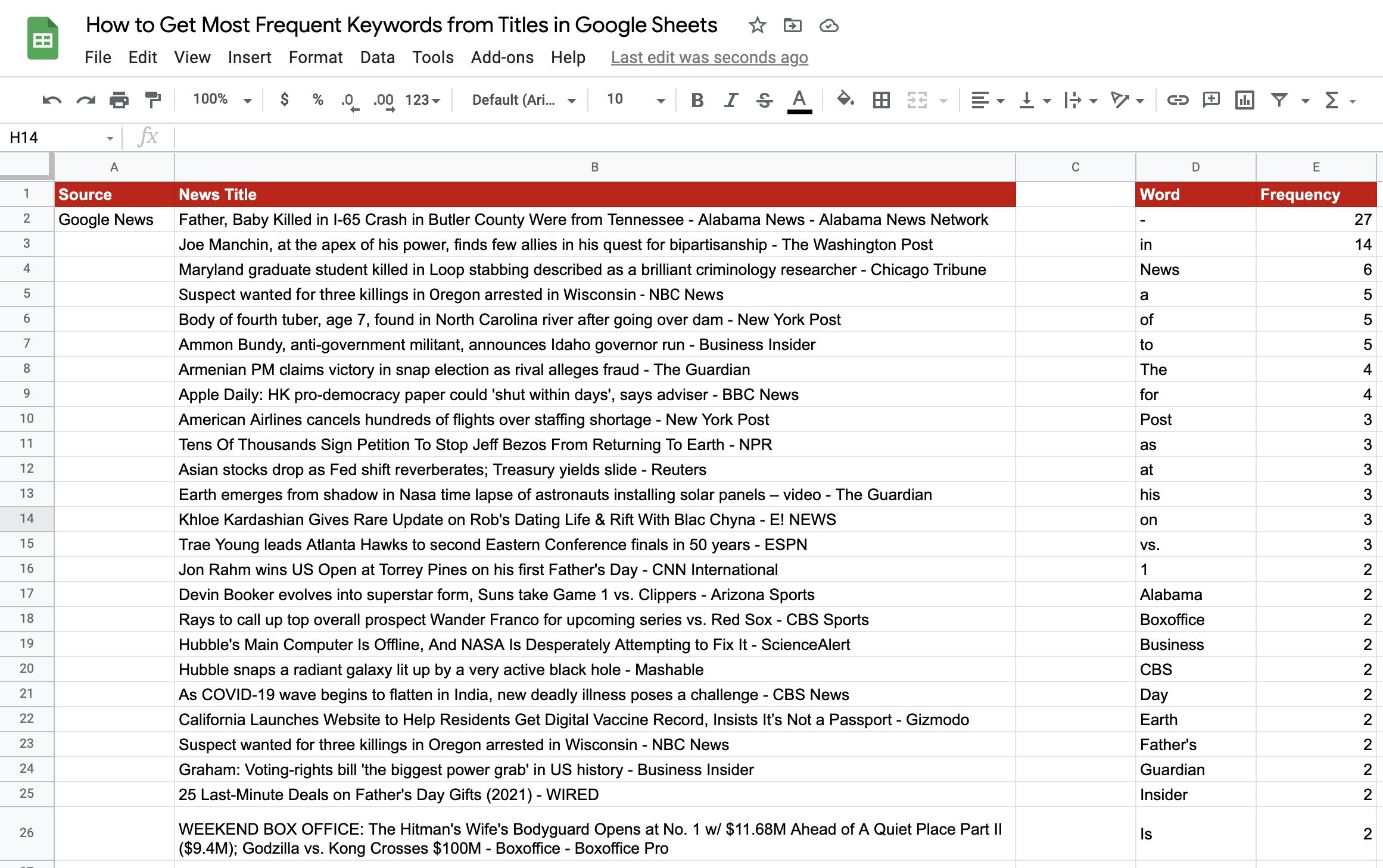 Frequent keywords in Google Sheets