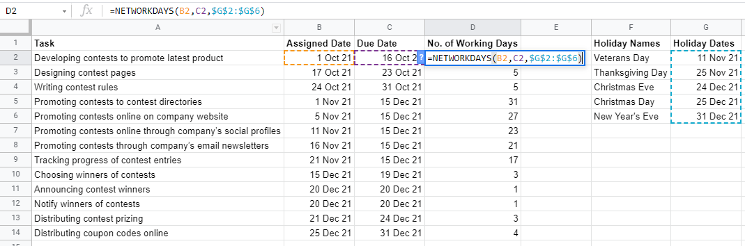 NETWORKDAYS Function in Google Sheets