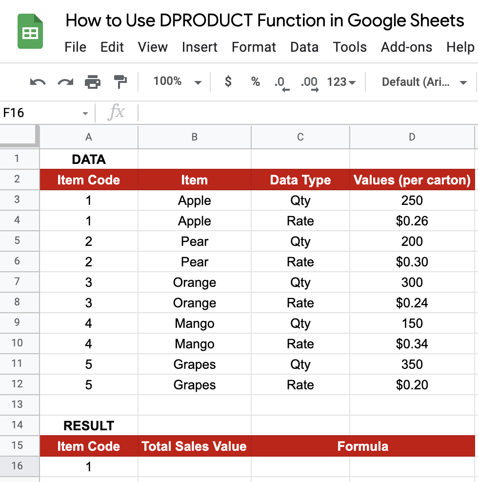 DPRODUCT in Google Sheets