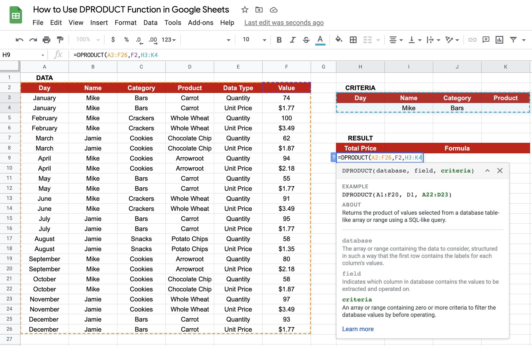 DPRODUCT in Google Sheets