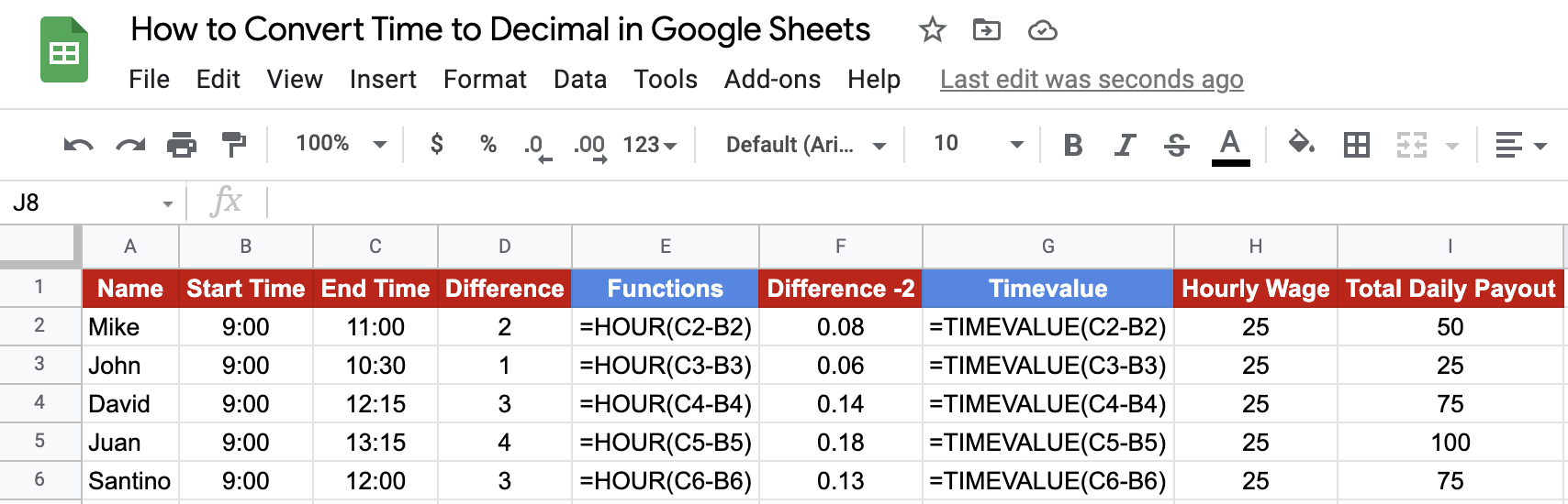 Time to Decimal in Google Sheets
