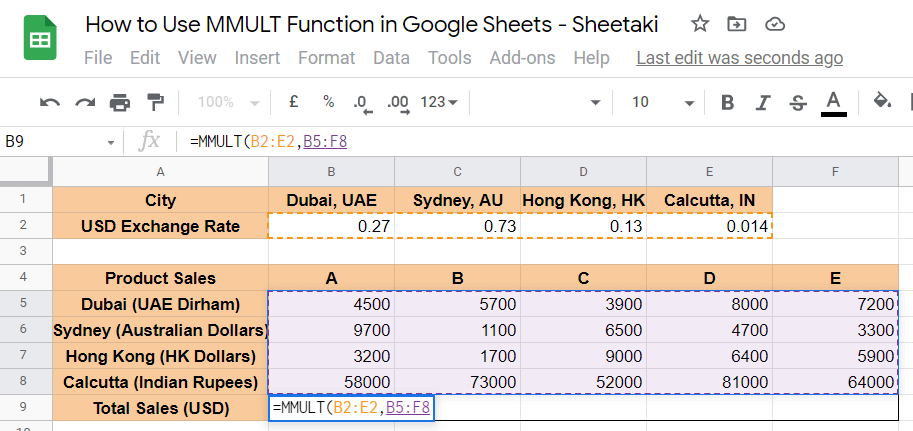 MMULT Function in Google Sheets