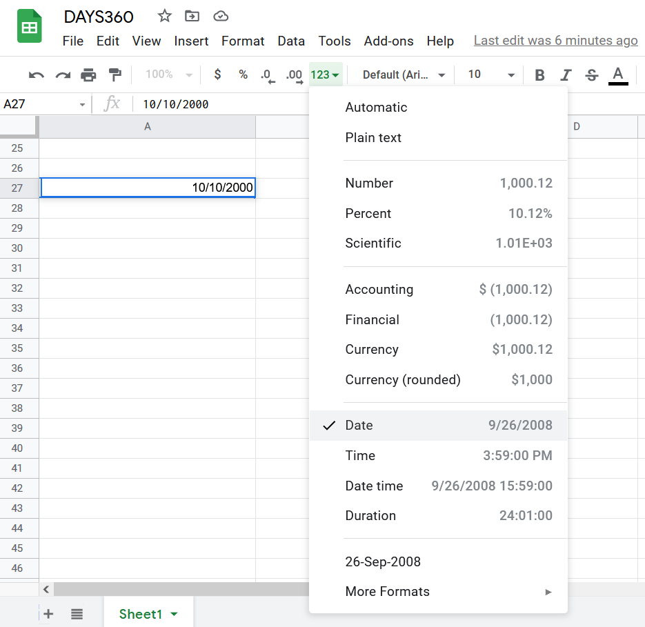 DAYS360 Function in Google Sheets