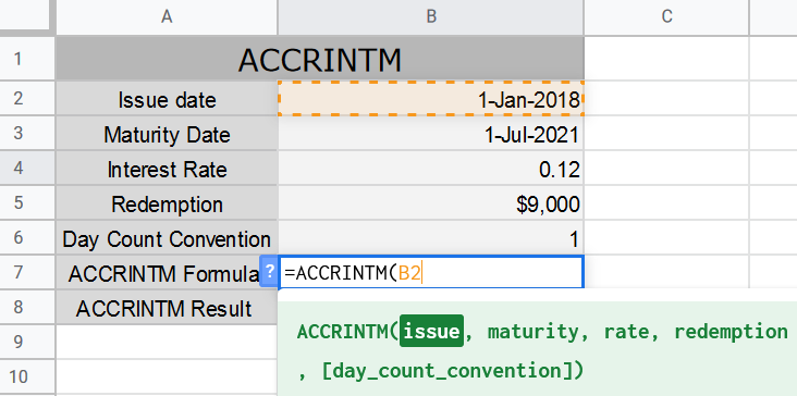 ACCRINTM Function in Google Sheets