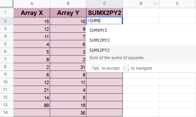 Selecting the SUMX2PY2 Function in Google Sheets