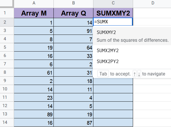 SUMXMY2 Function in Google Sheets