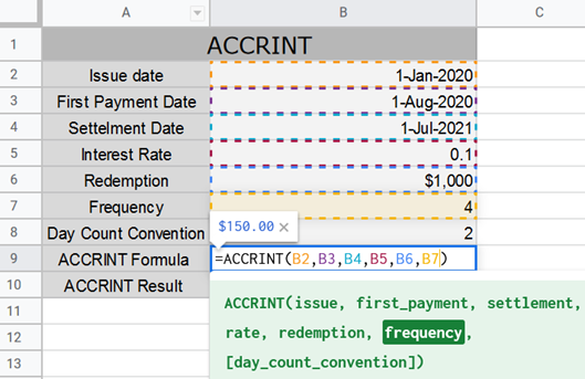 ACCRINT Function in Google Sheets