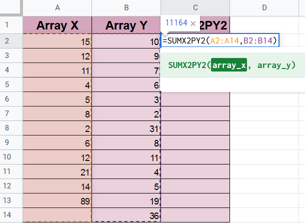 SUMX2PY2 Function in Google Sheets