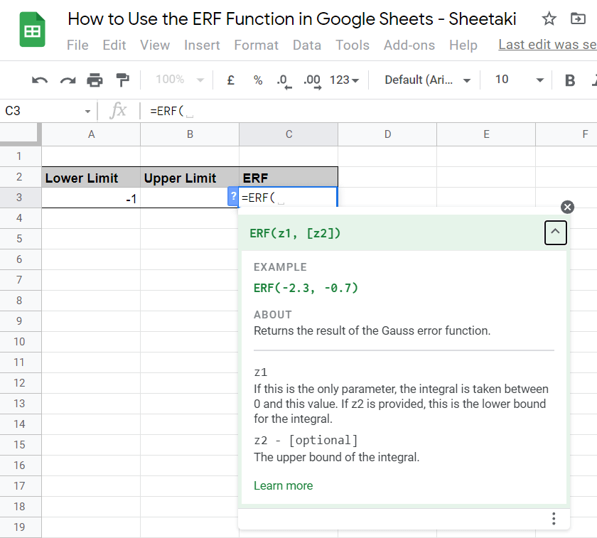 ERF Function in Google Sheets