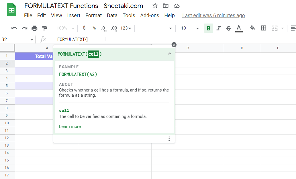 Typing Formulatext function in Formula Bar