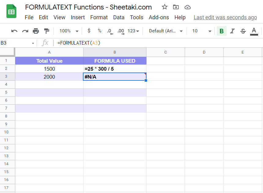 Formulatext returns an error when no formula is used
