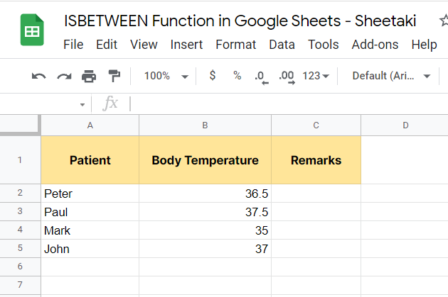 Example spreadsheet of using the ISBETWEEN function 
