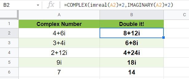 Example of using the IMAGINARY Function in Google Sheets to double complex numbers