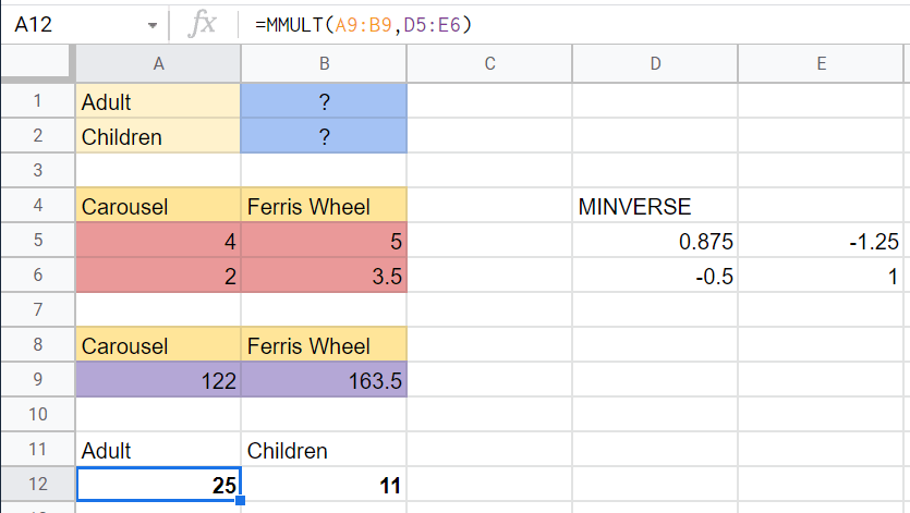 MINVERSE Function in Google Sheets can be used with the MMULT function to perform matrix multiplication