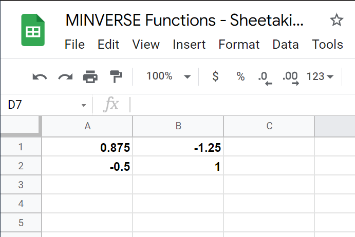Final result of our MINVERSE Function in Google Sheets