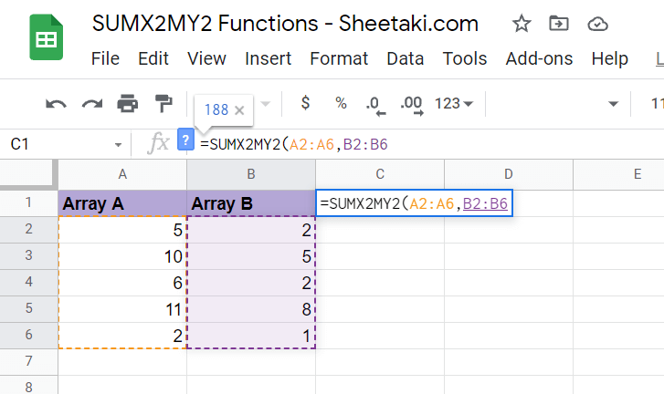 Adding two ranges into our SUMX2MY2 Function in Google Sheets
