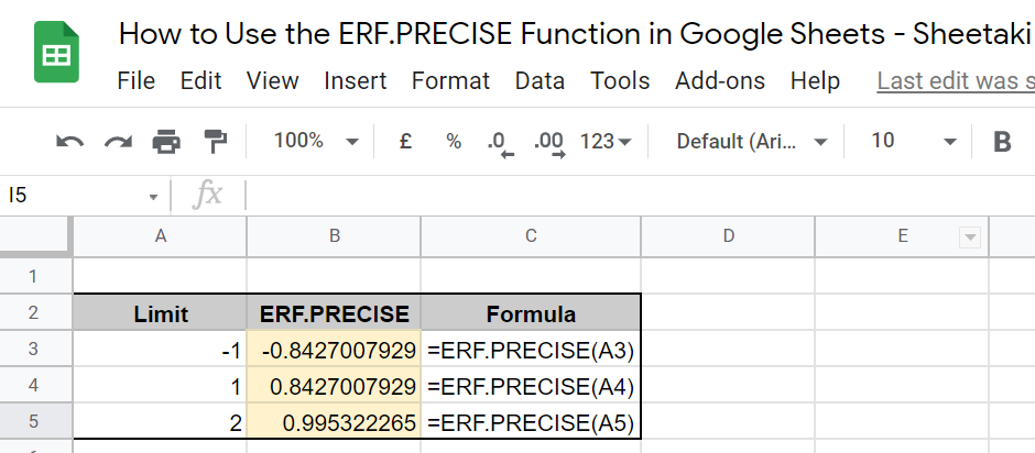 Example of ERF.PRECISE in Google Sheets