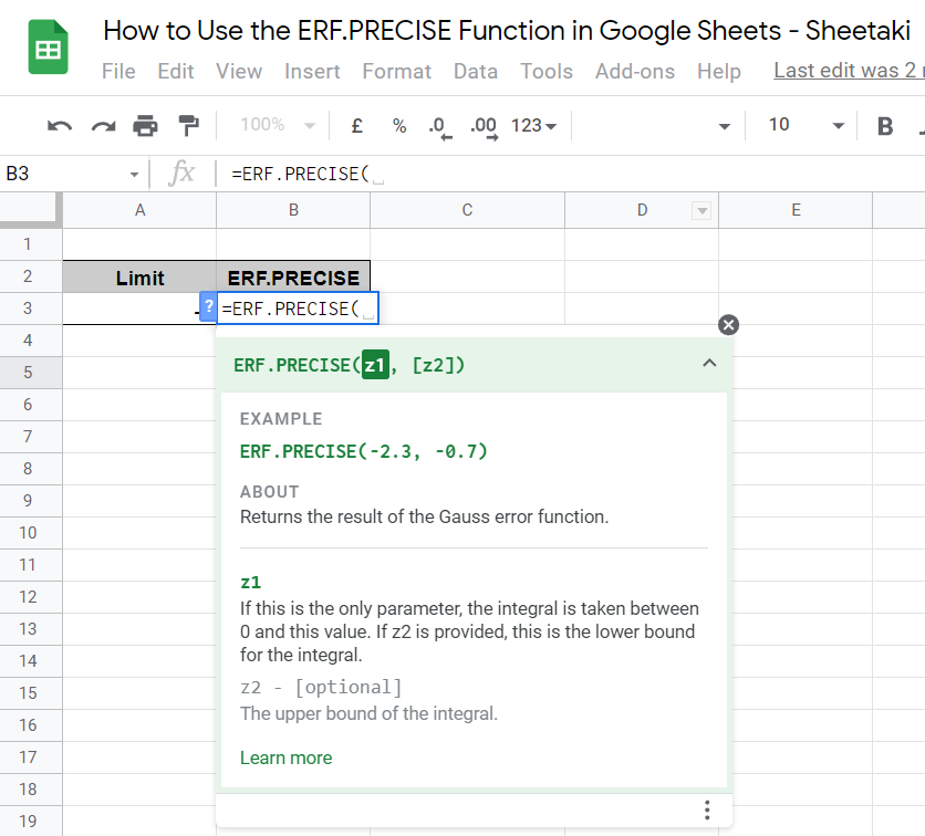 Details of ERF.PRECISE in Google Sheets