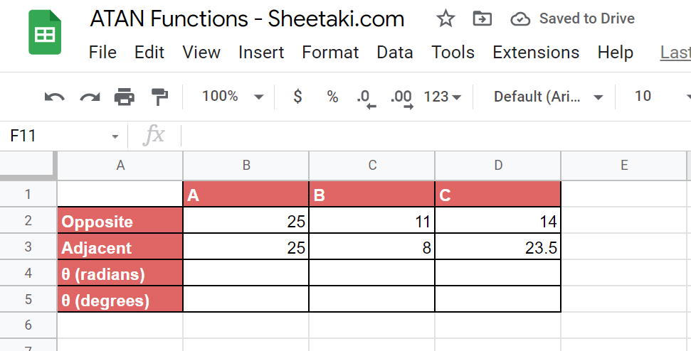 Finding multiple angles using ATAN Function in Google Sheets
