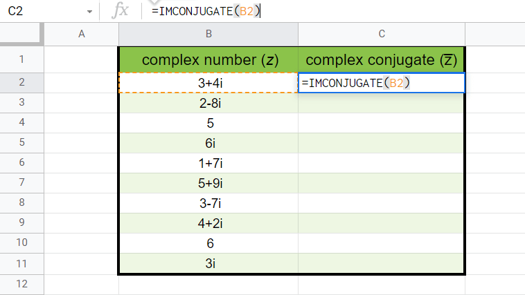 IMCONJUGATE Function in Google Sheets requires a valid complex number as input