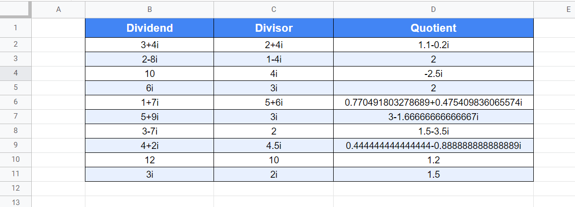 Using IMDIV Function in Google Sheets to get the quotient of a given set of dividend and divisor pairs