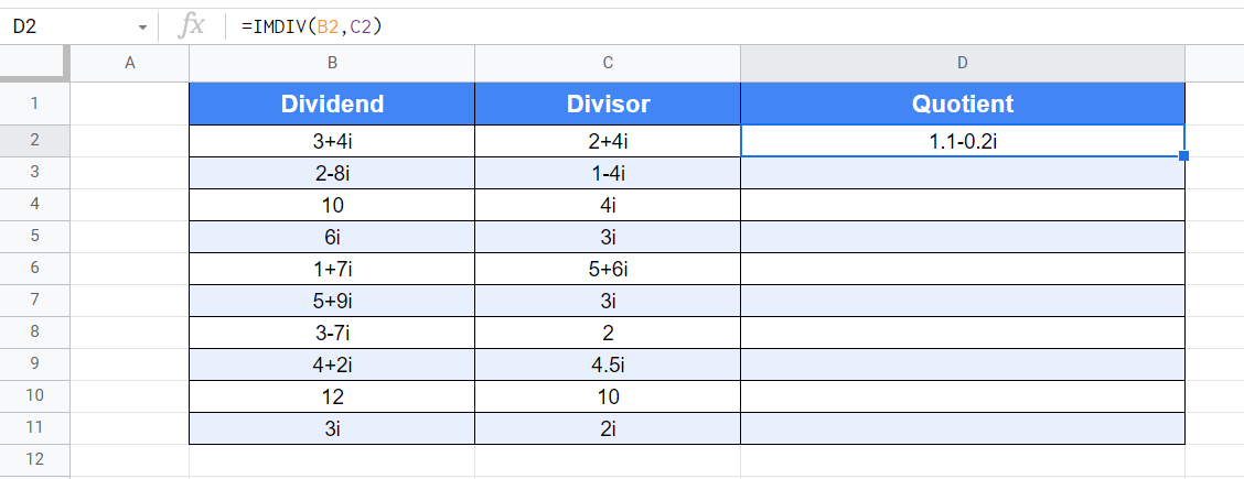 The result or quotient of our IMDIV Function in Google Sheets