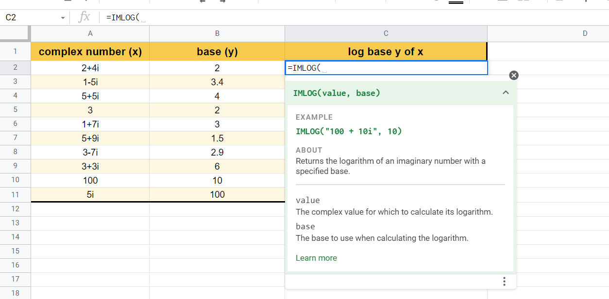 Typing IMLOG Function in Google Sheets into the Formula Bar