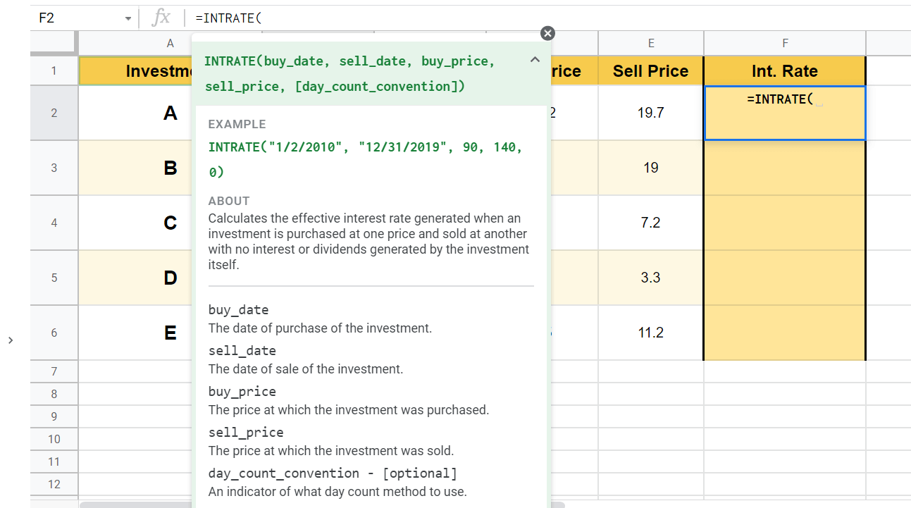 Typing INTRATE Function in Google Sheets into the formula bar