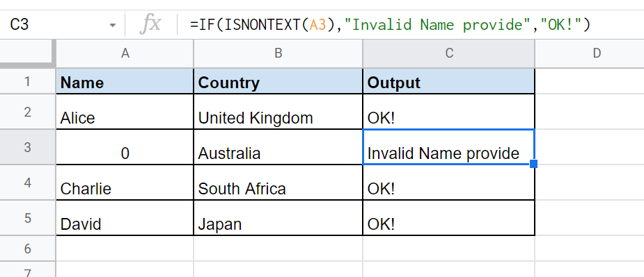 Using ISNONTEXT function in Google Sheets along with the IF function