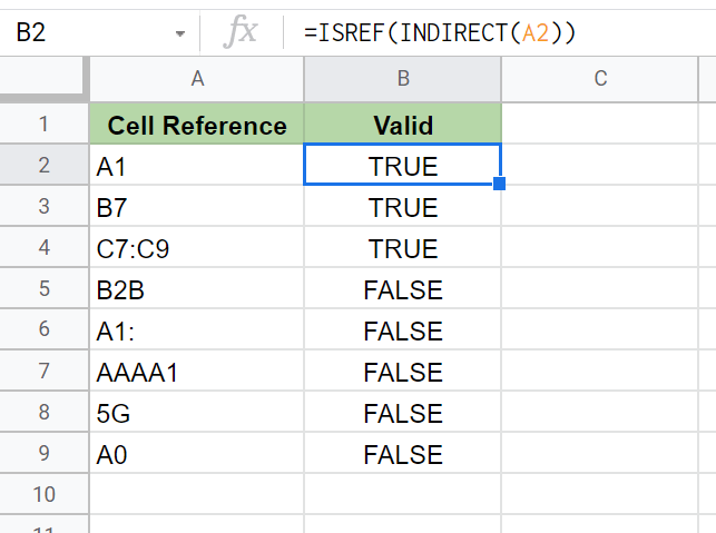 Using ISREF function in Google Sheets to check if strings are valid