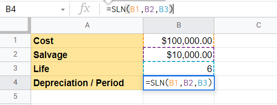Returning the result of the SLN Function in Google Sheets