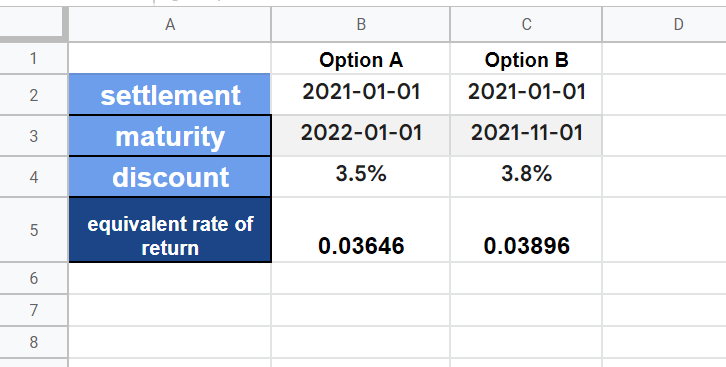 Using TBILLEQ Function in Google Sheets to compare different treasury bill options