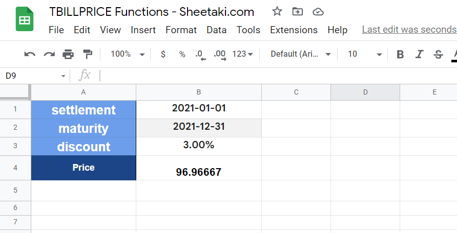 Using TBILLPRICE Function in Google Sheets to calculate the price of a treasury bill