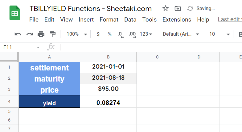 Using the TBILLYIELD Function in Google Sheets to compute the yield of a specified treasury bill