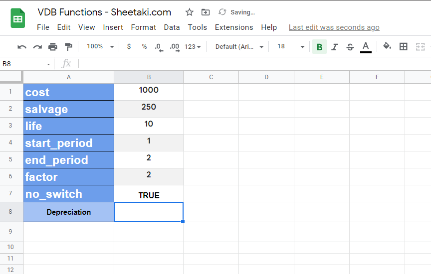Add values for each argument in the VDB Function in Google Sheets