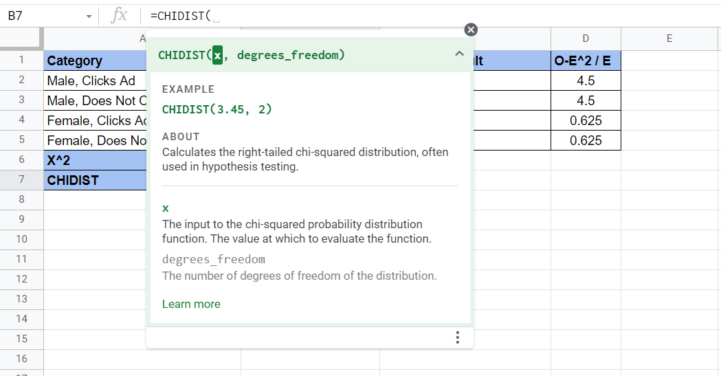 Typing CHIDIST Function in Google Sheets into the formula bar