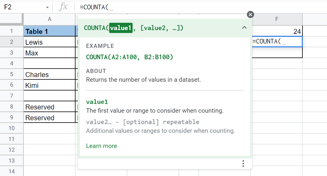typing COUNTA function into formula bar