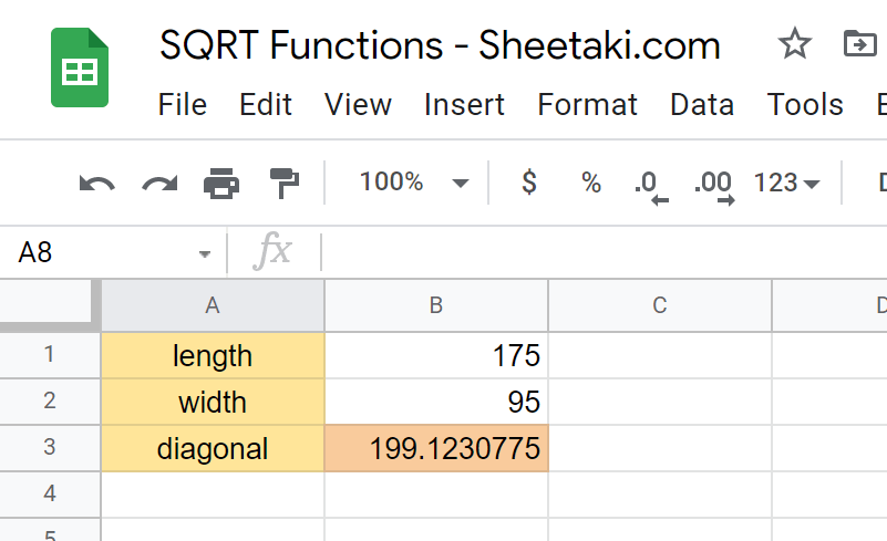 Using SQRT Function in Google Sheets to solve the diagonal of a field