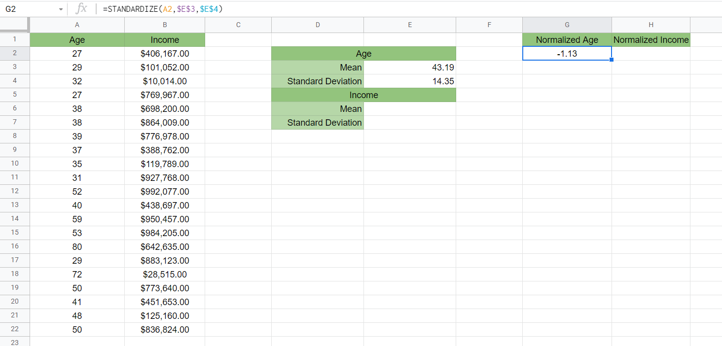 Using the STANDARDIZE function to normalize data